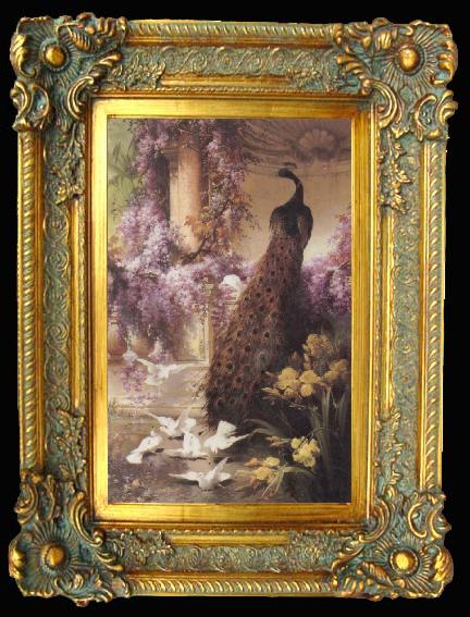 framed  Eugene Bidau A Peacock and Doves in a Garden, Ta012-2